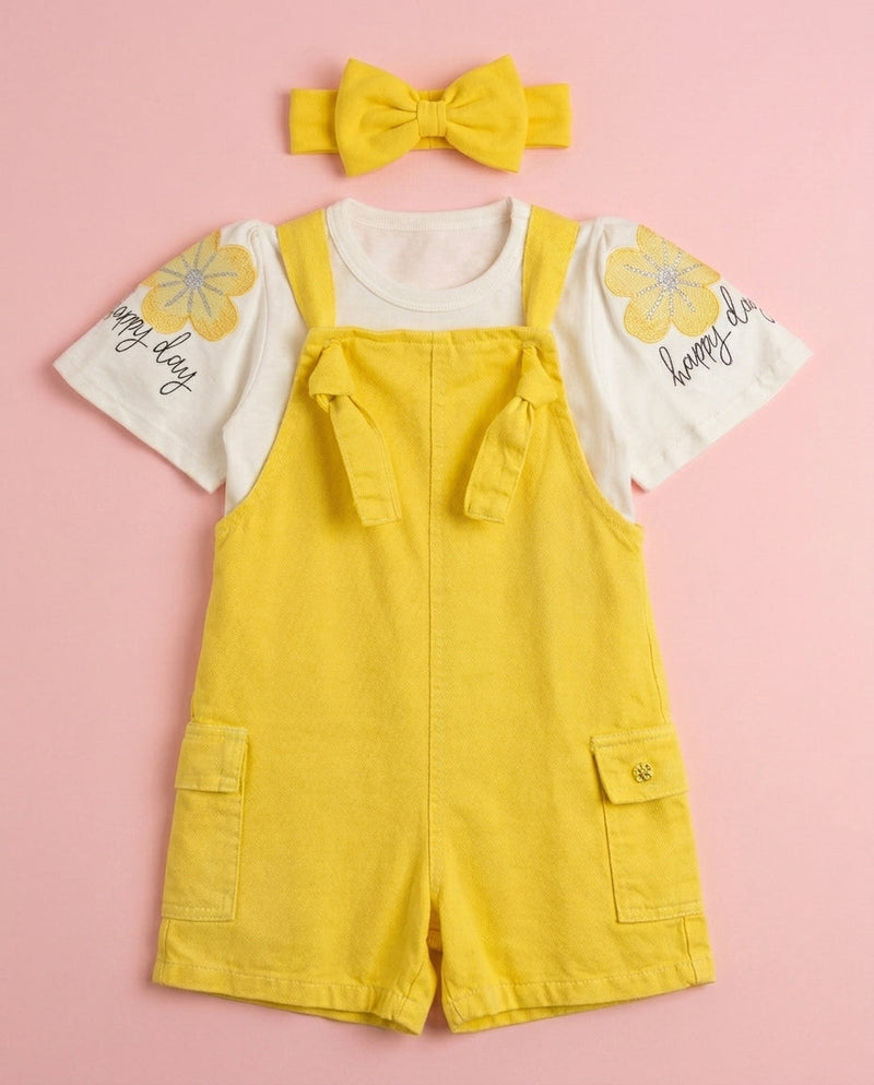 Jardineira Amarela + blusa Happy - Larissa