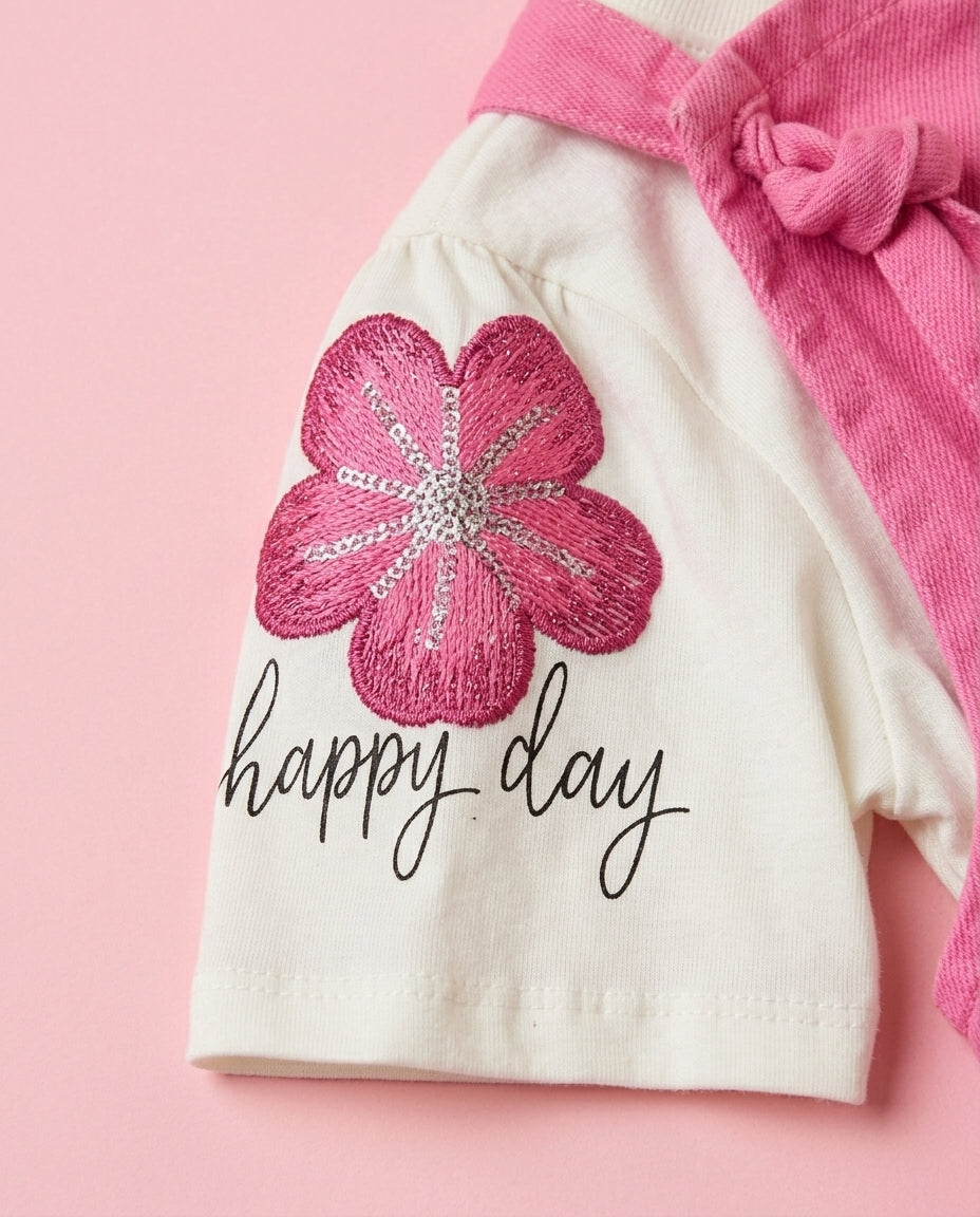 Jardineira Pink + blusa Happy - Camila