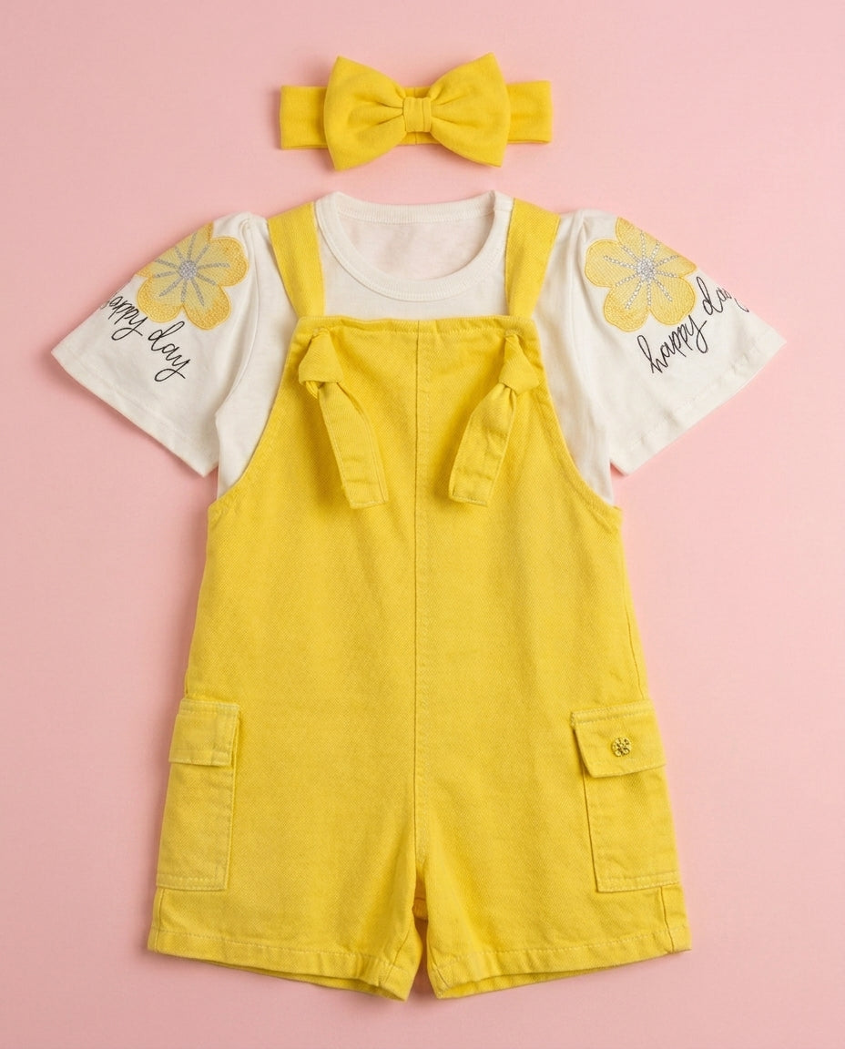 Jardineira Amarela + blusa Happy - Larissa